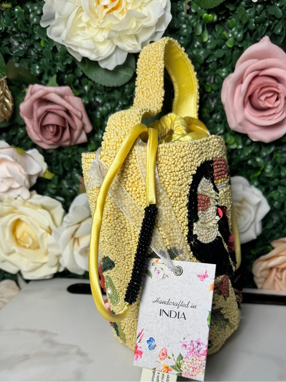 Yellow Beaded Toucan Drawstring Crossbody Bag - Women - Picture 8 of 8